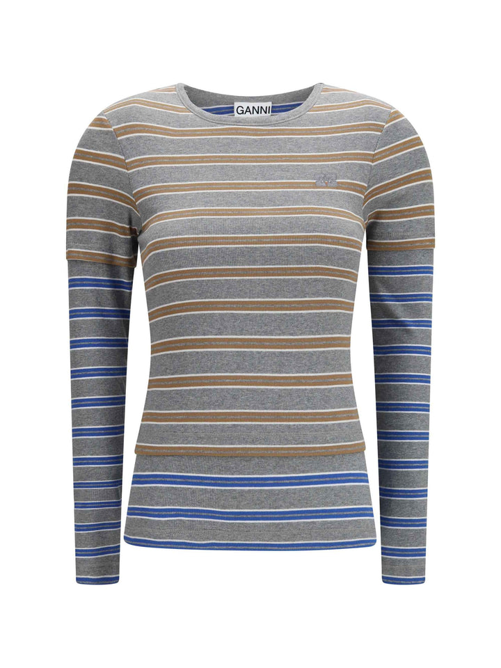 Double-sleeve striped cotton T-shirt