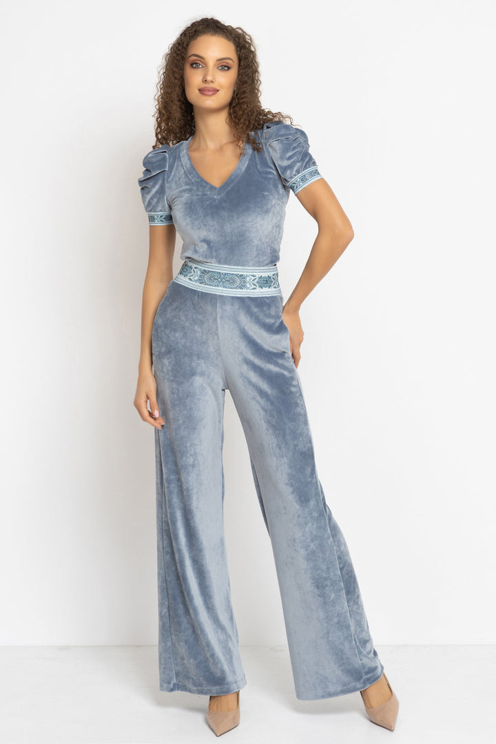 VELVET BLOUSE WITH PUFF SLEEVES AND V-NECKLINE IN STEEL GREY - ESSENTIALS