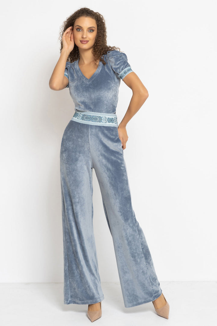 VELVET WIDE-LEG TROUSERS WITH ELASTIC WAIST IN STEEL GREY - ESSENTIALS JIORO БЛУЗА ОТ КАДИФЕ С НАБРАН КЪС РЪКАВ И V ДЕКОЛТЕ В СТОМАНЕНО СИВО - ESSENTIALS JIORO