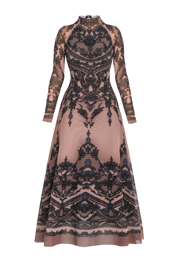 LONG FINE NET DRESS - GRAFFITI POWDER JIORO ДЪЛГА РОКЛЯ ОТ ФИНА МРЕЖА - GRAFFITI POWDER JIORO