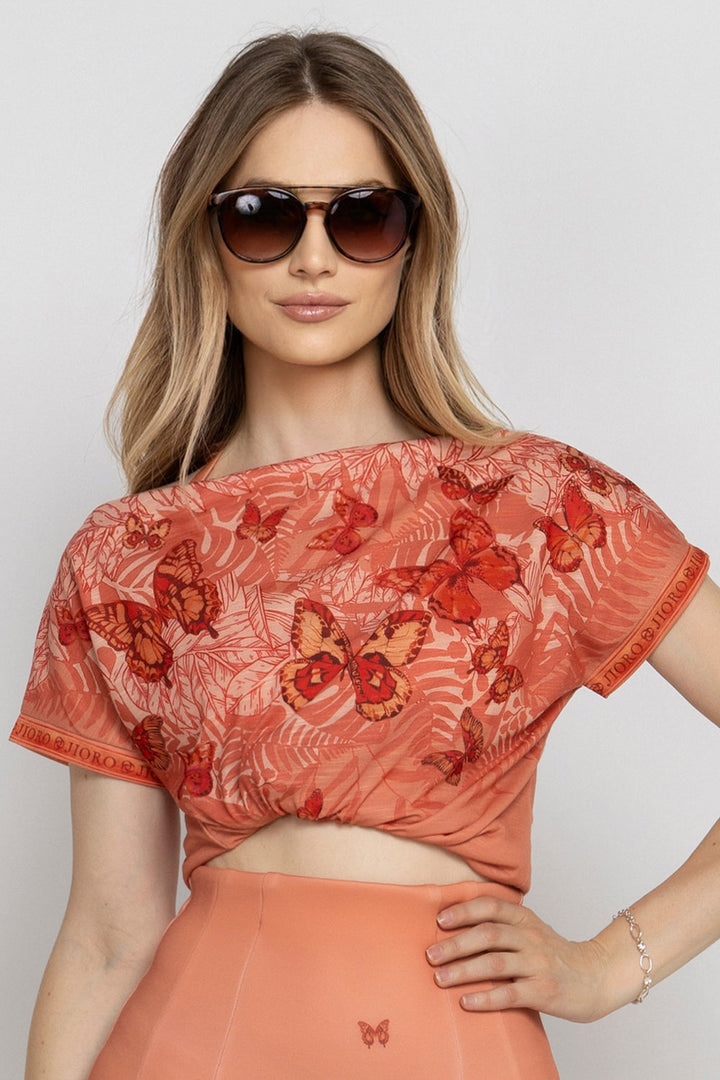 RELAXED FIT DROPPED SHOULDER BLOUSE - PAPAYA BUTTERFLIES JIORO БЛУЗА С ПАДНАЛО РАМО И СВОБОДНА КРОЙКА - PAPAYA BUTTERFLIES JIORO
