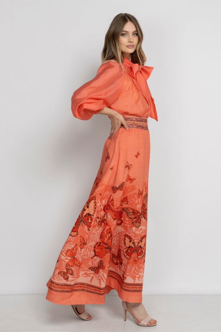 LONG LINEN SKIRT WITH ELASTIC WAIST AND SIDE POCKETS - PAPAYA BUTTERFLIES