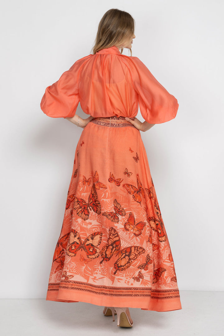 LONG LINEN SKIRT WITH ELASTIC WAIST AND SIDE POCKETS - PAPAYA BUTTERFLIES