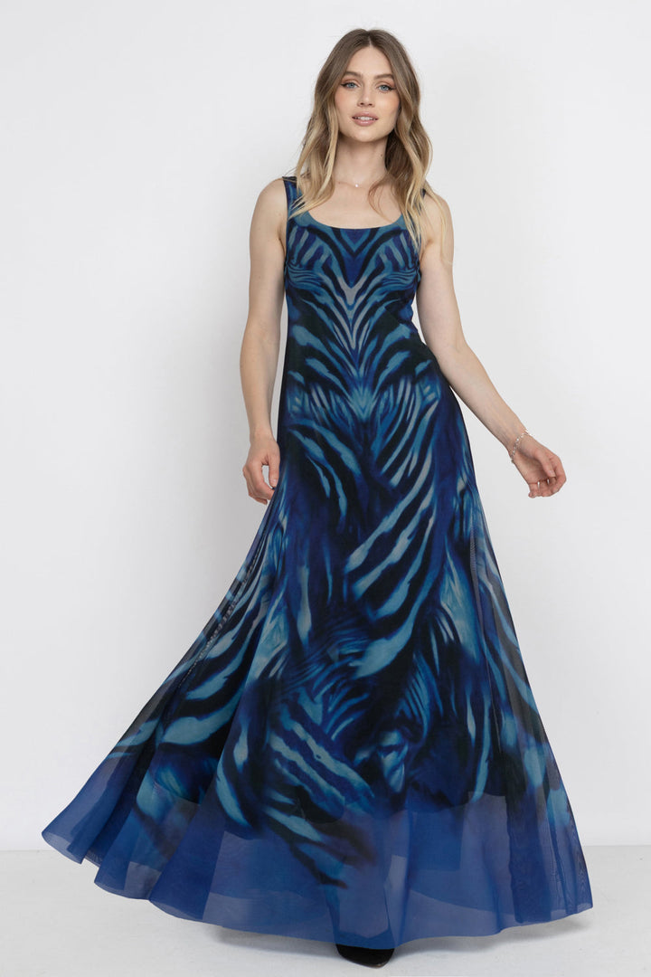 SLEEVELESS LONG MESH DRESS WITH SOFT MODAL LINING - SHADES OF BLUE JIORO ДЪЛГА РОКЛЯ ОТ МРЕЖА БЕЗ РЪКАВИ С ПОДПЛАТА ОТ МОДАЛ - SHADES OF BLUE JIORO