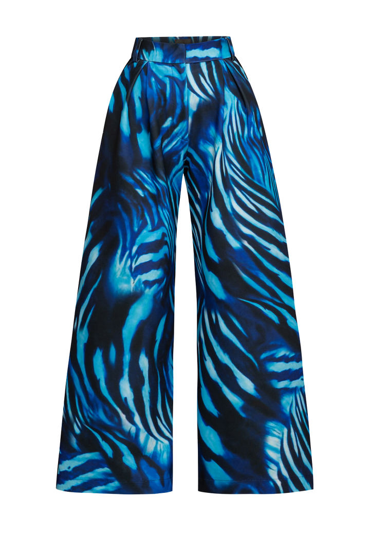 PLEATED WIDE-LEG VISCOSE PANTS - SHADES OF BLUE JIORO ШИРОК ВИСКОЗЕН ПАНТАЛОН С ВЕЛУРЕНИ КАНТОВЕ – SHADES OF BLUE JIORO