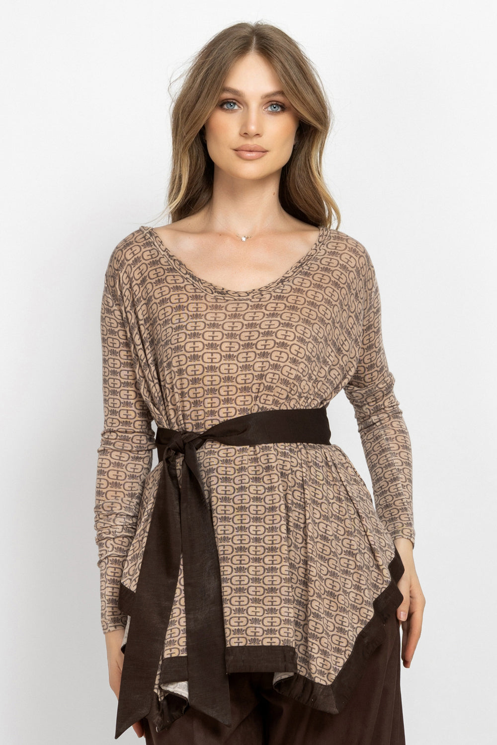 MODAL ASYMMETRIC TUNIC WITH BELT - MOCHA MOUSSE LOGO