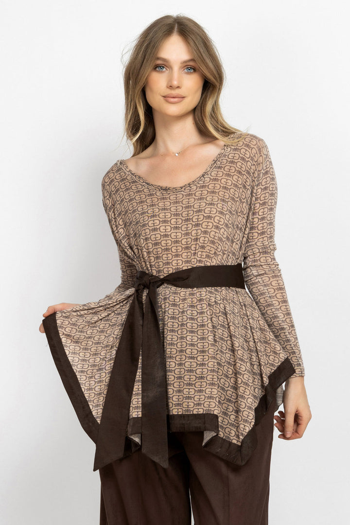 MODAL ASYMMETRIC TUNIC WITH BELT - MOCHA MOUSSE LOGO