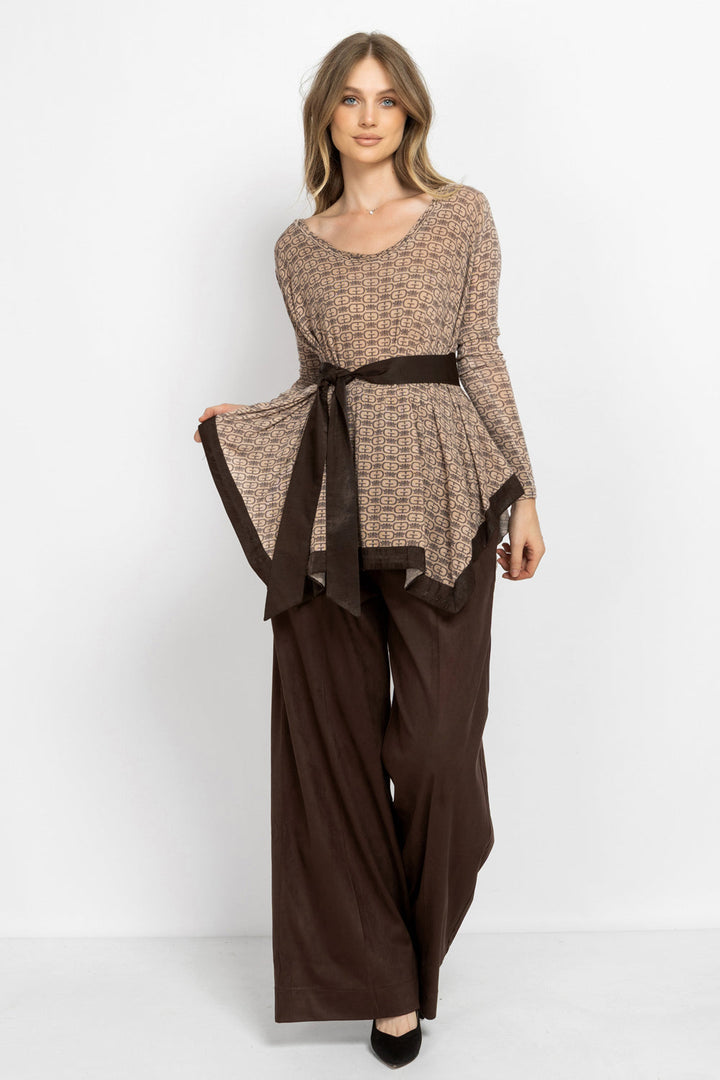MODAL ASYMMETRIC TUNIC WITH BELT - MOCHA MOUSSE LOGO