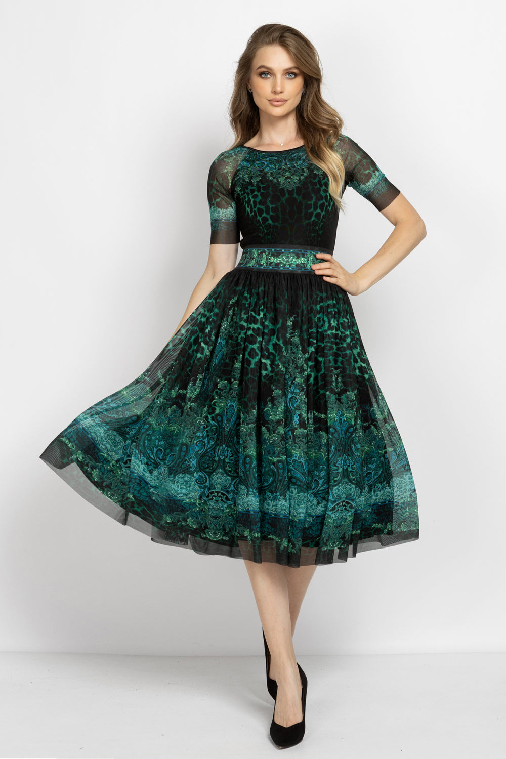 MESH SKIRT WITH ELASTIC WAIST AND VISCOSE LINING - LEO NEON GREEN