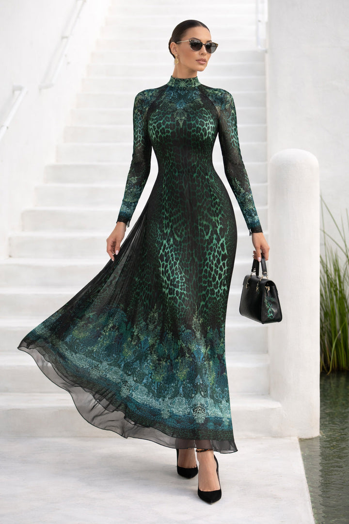 ROBE LONGUE EN RÉSILLE FIN - LEO VERT FLUO