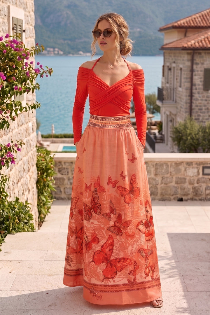 LONG LINEN SKIRT WITH ELASTIC WAIST AND SIDE POCKETS - PAPAYA BUTTERFLIES JIORO ДЪЛГА ПОЛА ОТ ЛЕН С ЛАСТИЧЕН КОЛАН - PAPAYA BUTTERFLIES JIORO