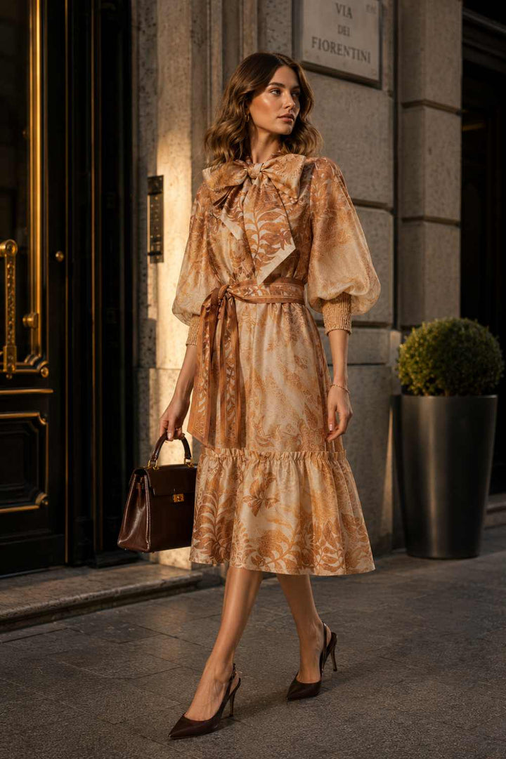 FLARED LYOCELL DRESS WITH BOW - SUNSET