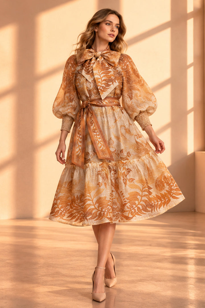 FLARED LYOCELL DRESS WITH BOW - SUNSET
