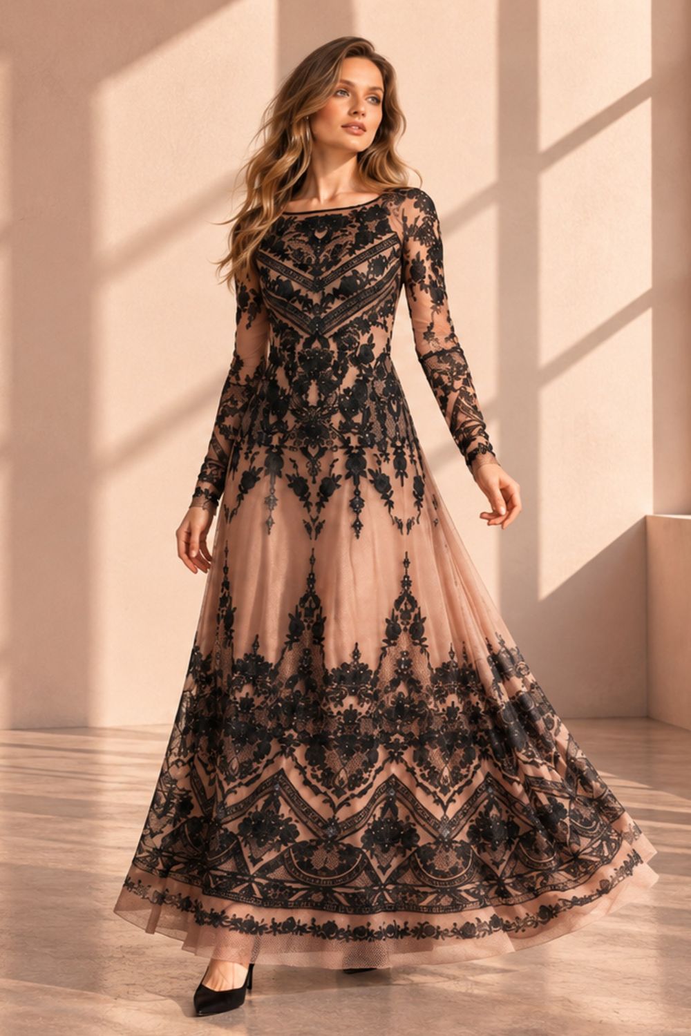LONG MESH DRESS WITH MODAL LINING - GRAFFITI POWDER