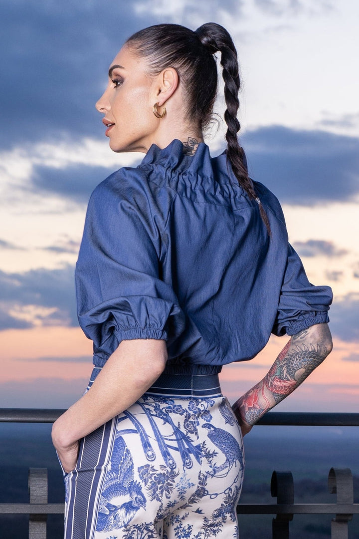 RUFFLED HIGH-NECK BLOUSE WITH PUFF SLEEVES - ASIA SKY JIORO РИЗА С ЕФЕКТНА ЯКА - ASIA SKY JIORO