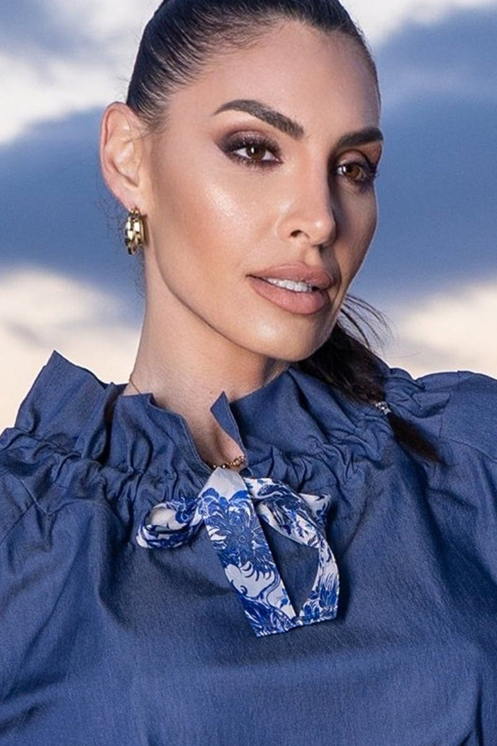 RUFFLED HIGH-NECK BLOUSE WITH PUFF SLEEVES - ASIA SKY JIORO РИЗА С ЕФЕКТНА ЯКА - ASIA SKY JIORO