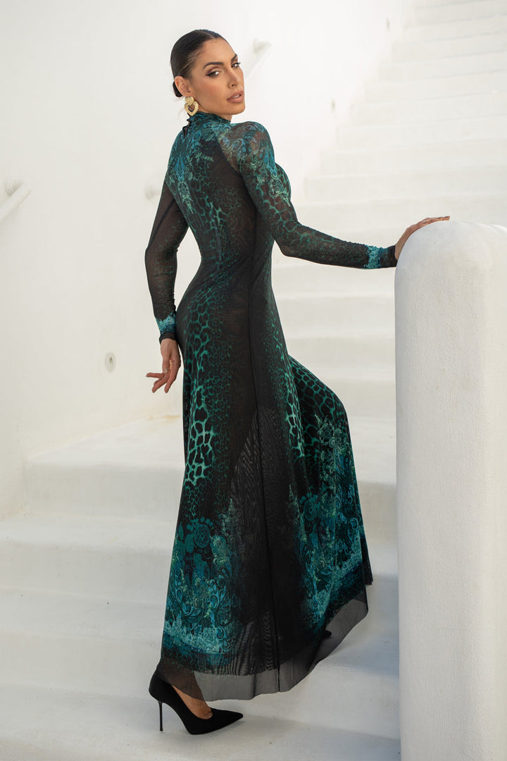 ROBE LONGUE EN RÉSILLE FIN - LEO VERT FLUO