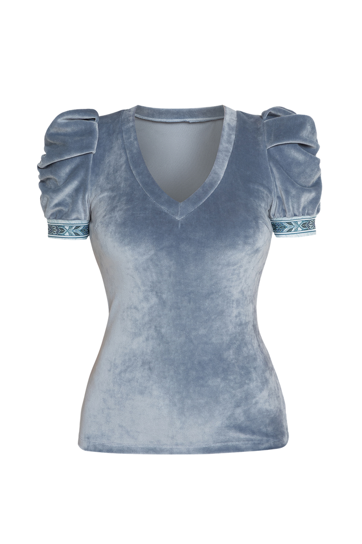 VELVET BLOUSE WITH PUFF SLEEVES AND V-NECKLINE IN STEEL GREY - ESSENTIALS JIORO БЛУЗА ОТ КАДИФЕ С НАБРАН КЪС РЪКАВ И V ДЕКОЛТЕ В СТОМАНЕНО СИВО - ESSENTIALS JIORO