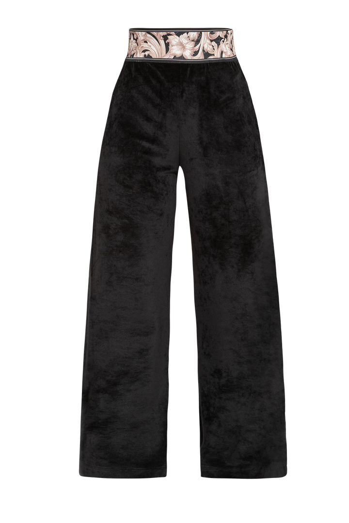VELVET WIDE-LEG TROUSERS WITH ELASTIC WAIST IN BLACK - ESSENTIALS JIORO ПАНТАЛОН ОТ КАДИФЕ С ШИРОК КРАЧОЛ И ЛАСТИК В ТАЛИЯ В ЧЕРНО - ESSENTIALS JIORO