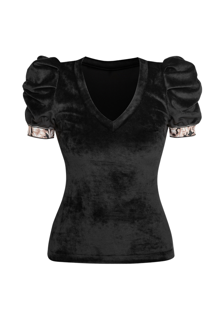 VELVET BLOUSE WITH PUFF SLEEVES AND V-NECKLINE IN BLACK - ESSENTIALS JIORO БЛУЗА ОТ КАДИФЕ С НАБРАН КЪС РЪКАВ И V ДЕКОЛТЕ В ЧЕРНО - ESSENTIALS JIORO