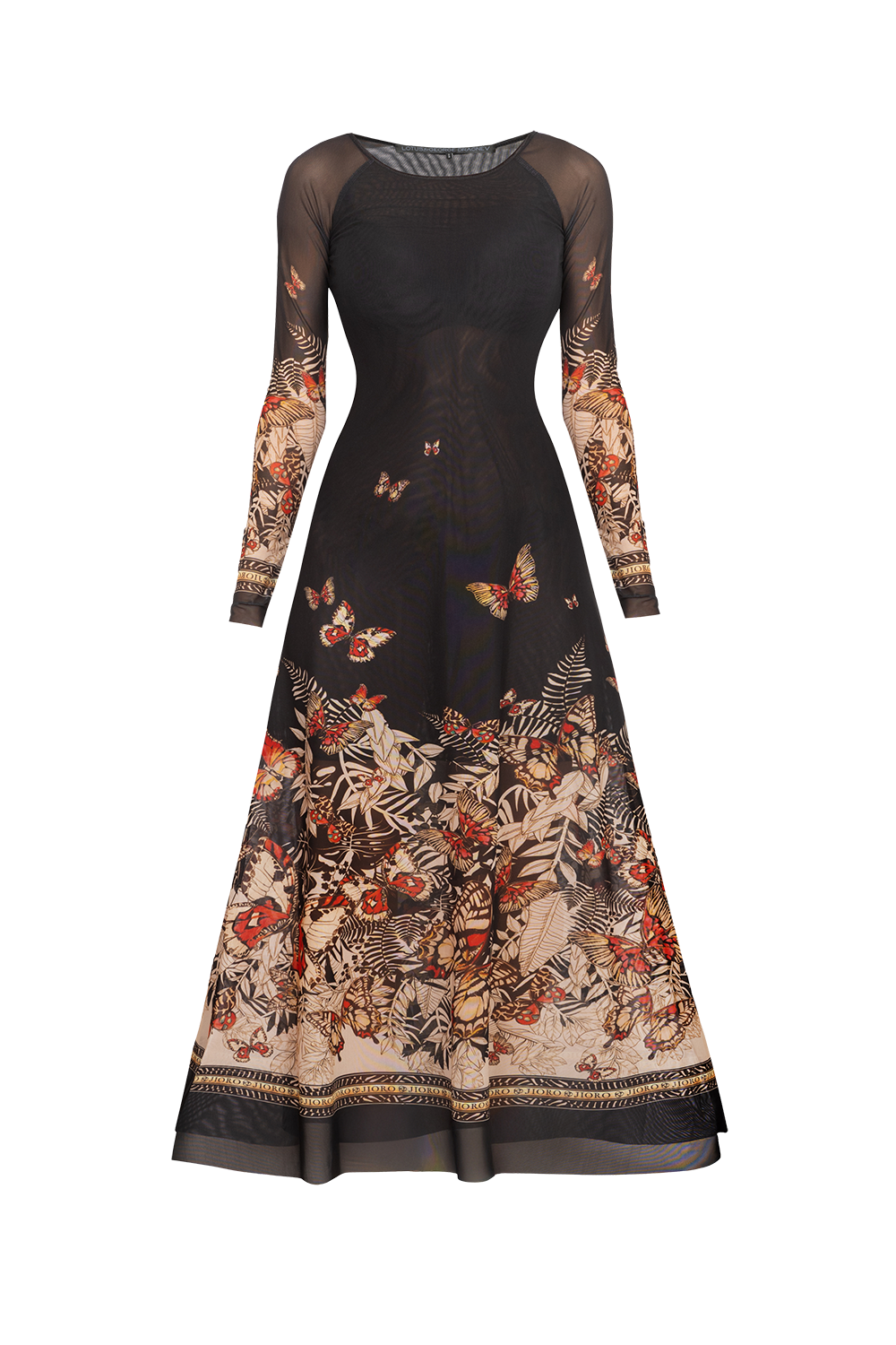 LONG FINE NET DRESS WITH BOAT NECKLINE - MIDNIGHT BUTTERFLIES
