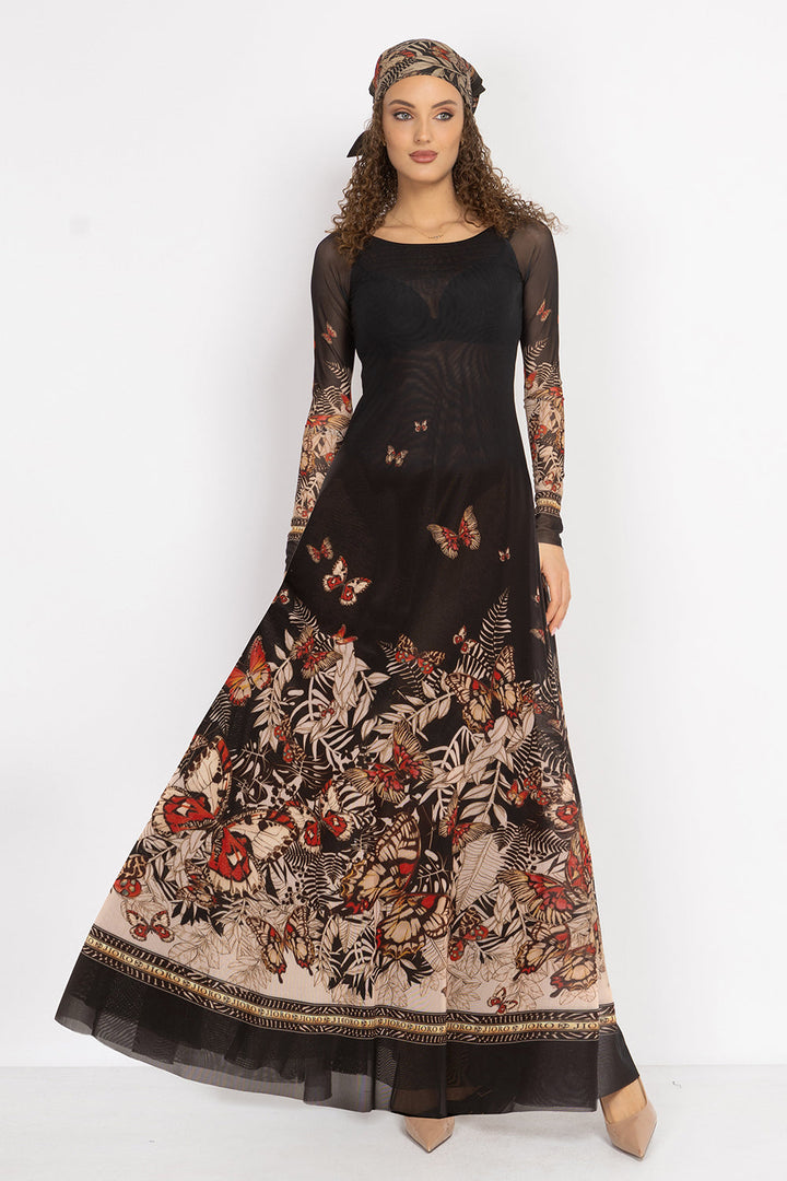 LONG FINE NET DRESS WITH BOAT NECKLINE - MIDNIGHT BUTTERFLIES