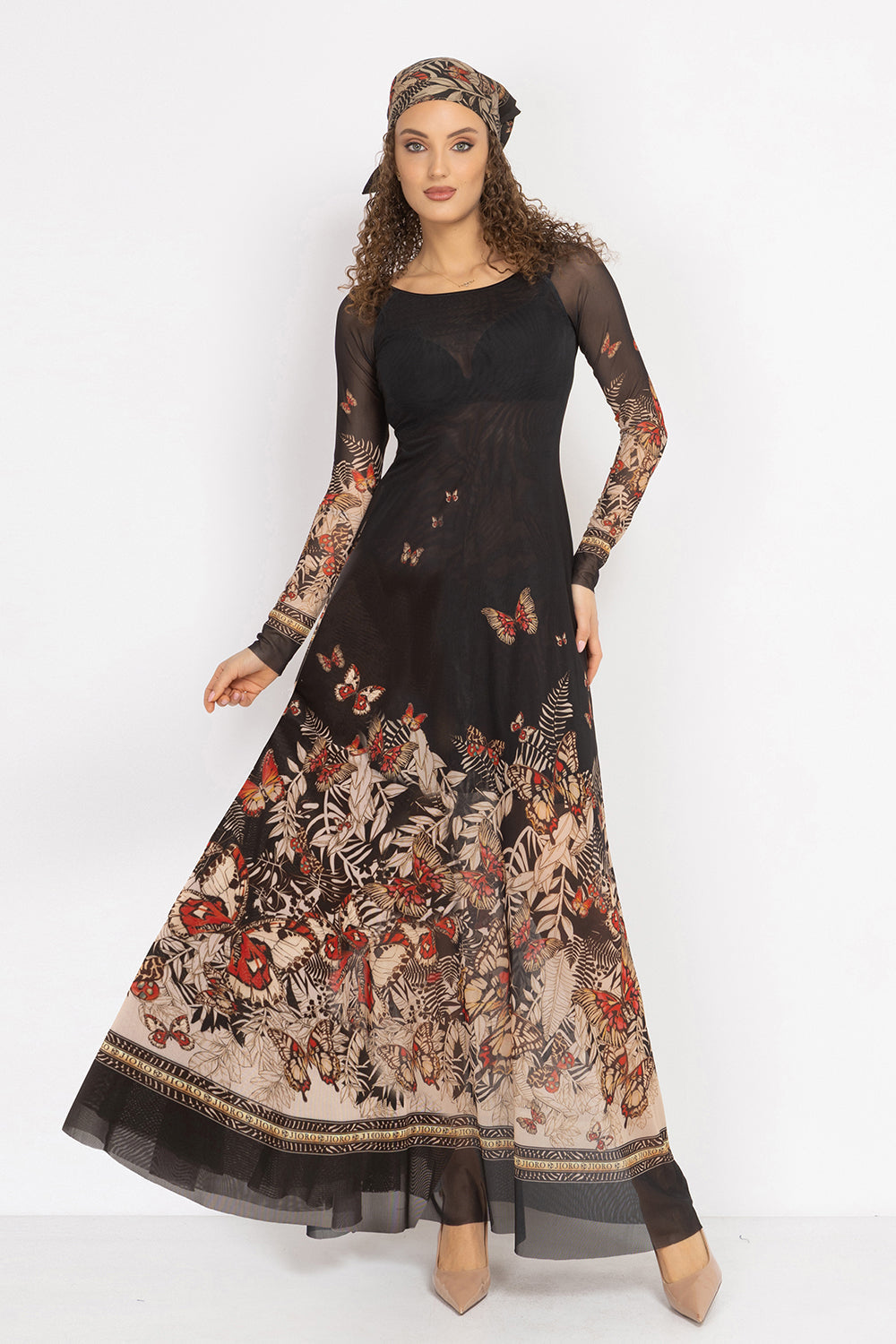 LONG FINE NET DRESS WITH BOAT NECKLINE - MIDNIGHT BUTTERFLIES