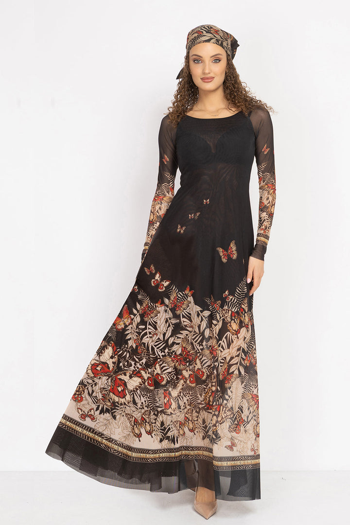 LONG FINE NET DRESS WITH BOAT NECKLINE - MIDNIGHT BUTTERFLIES