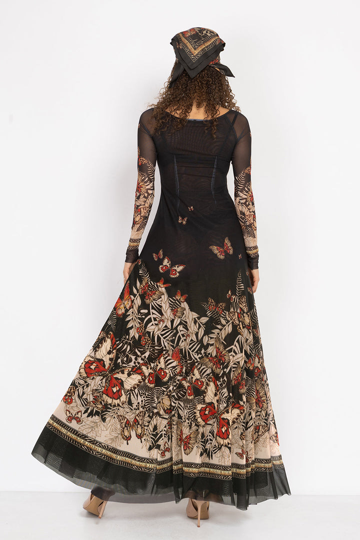LONG FINE NET DRESS WITH BOAT NECKLINE - MIDNIGHT BUTTERFLIES