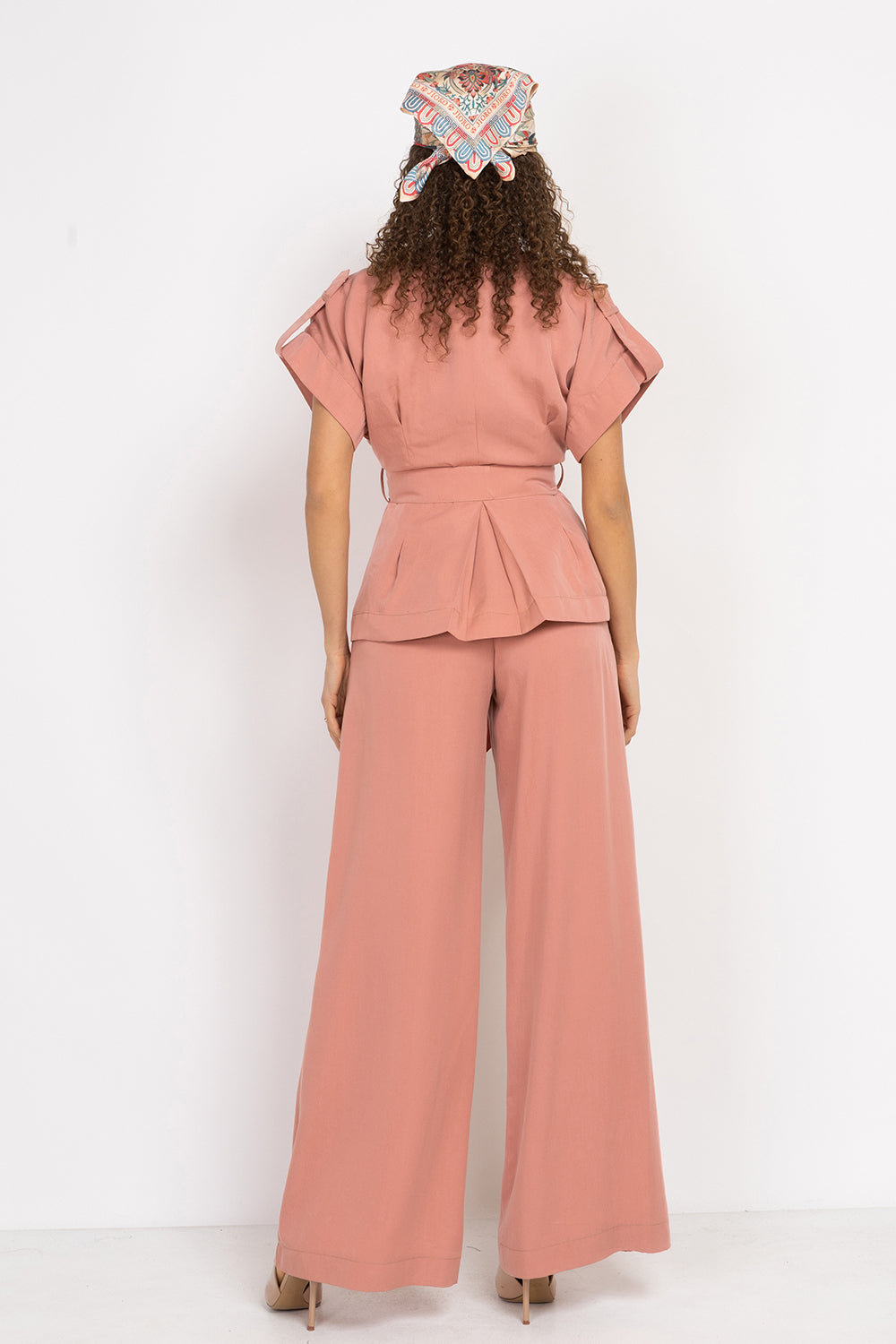 POWDER SHORT-SLEEVE JACKET WITH BELT AND LINING - ESSENTIALS JIORO САКО ОТ ЛИОСЕЛ ТИП КИМОНО С КЪС РЪКАВ И КОЛАН В ЦВЯТ ПУДРА - ESSENTIALS JIORO