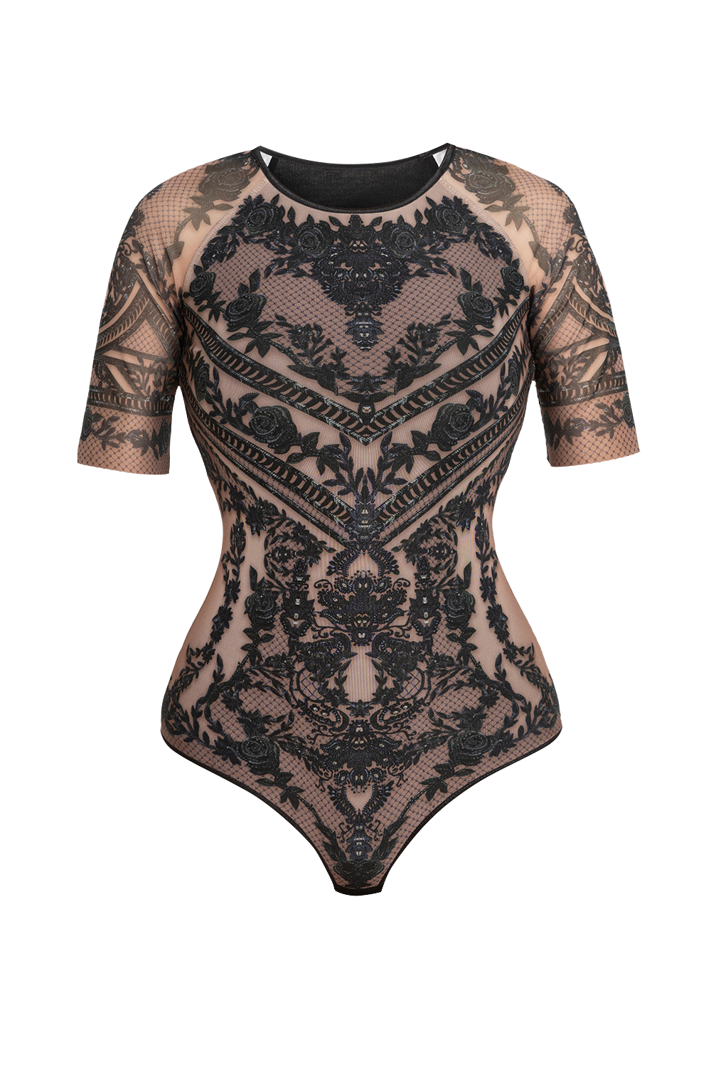 SHORT SLEEVE MESH BODYSUIT WITH ROUND NECKLINE - GRAFFITI POWDER