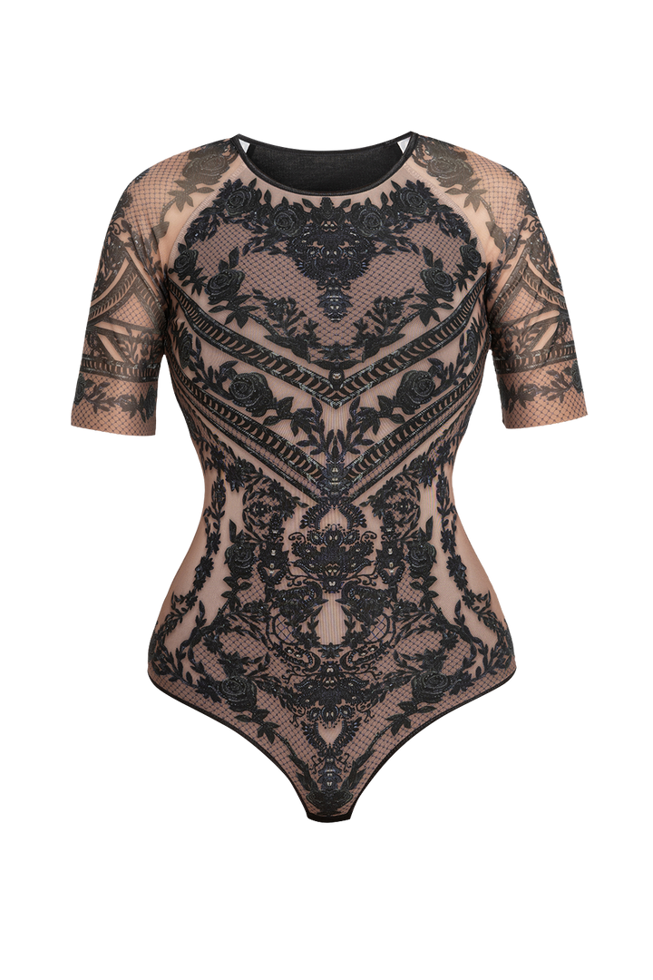 SHORT SLEEVE MESH BODYSUIT WITH ROUND NECKLINE - GRAFFITI POWDER