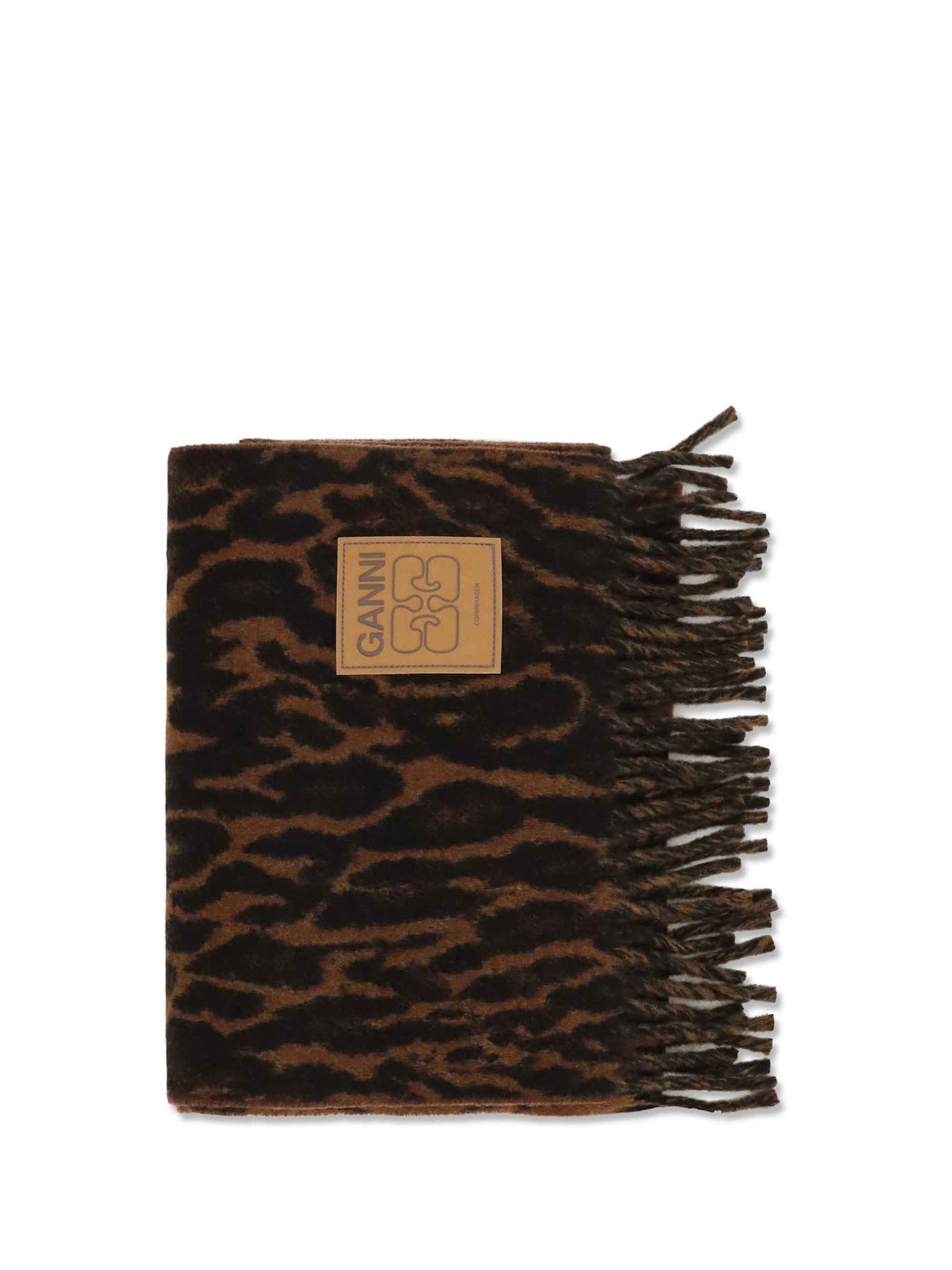 Leopard print wool Scarf with logo and fringes