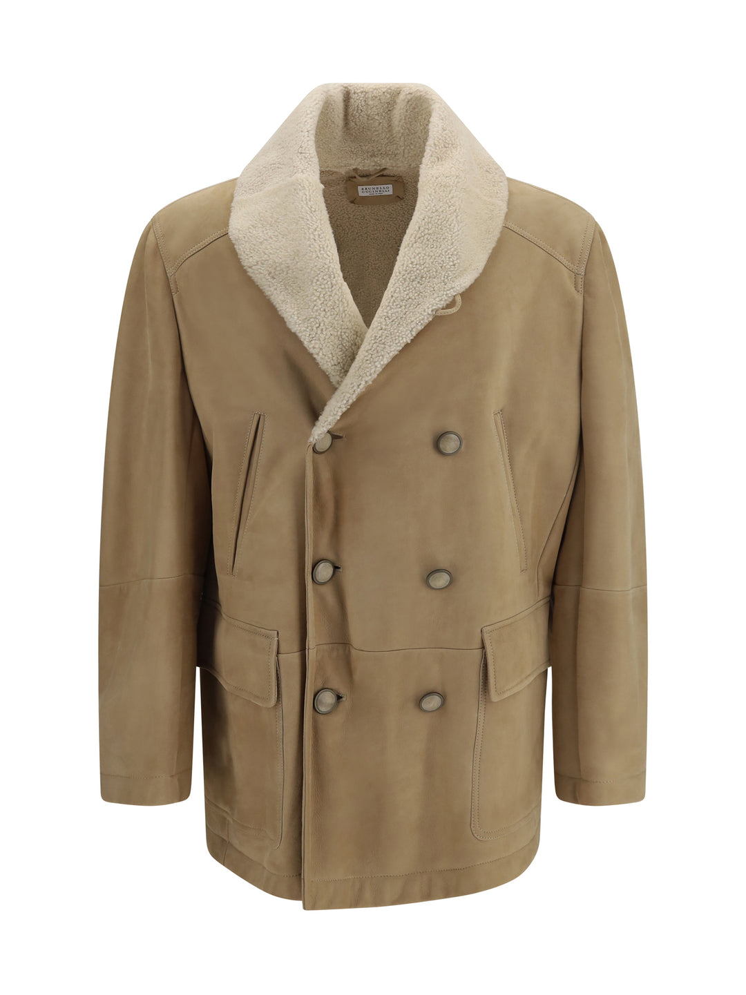 Curly suede Shearling pea Coat with shawl collar 1
