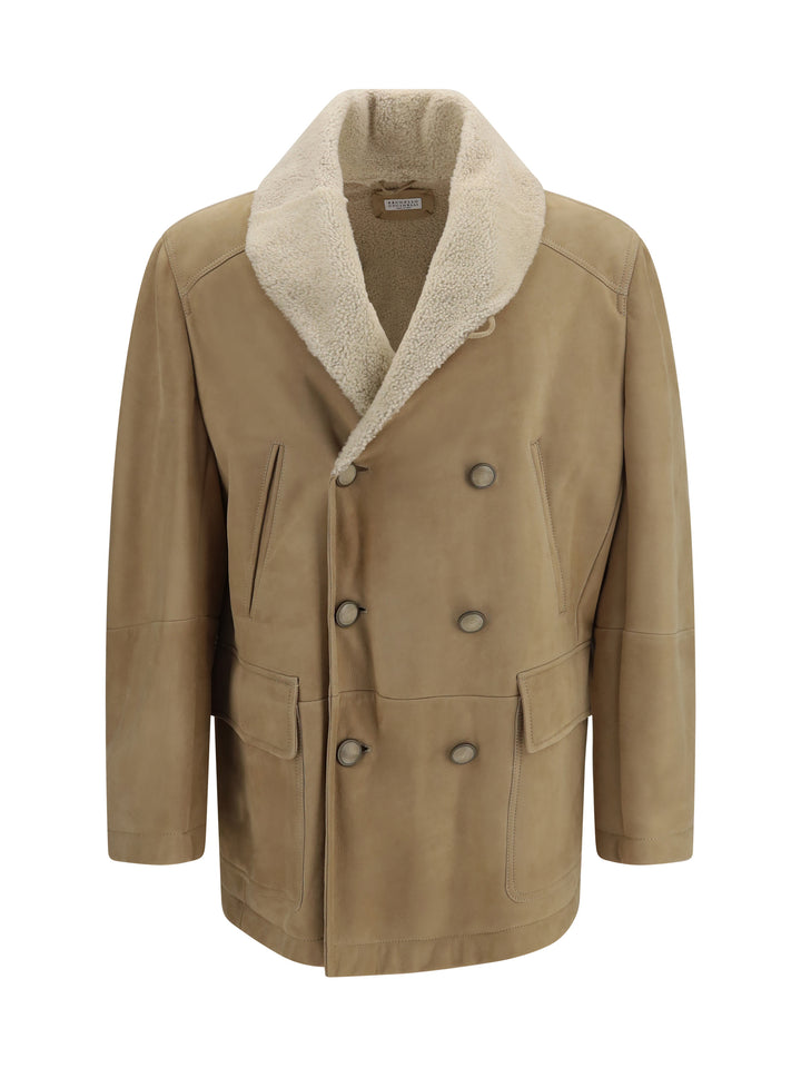 Curly suede Shearling pea Coat with shawl collar 1